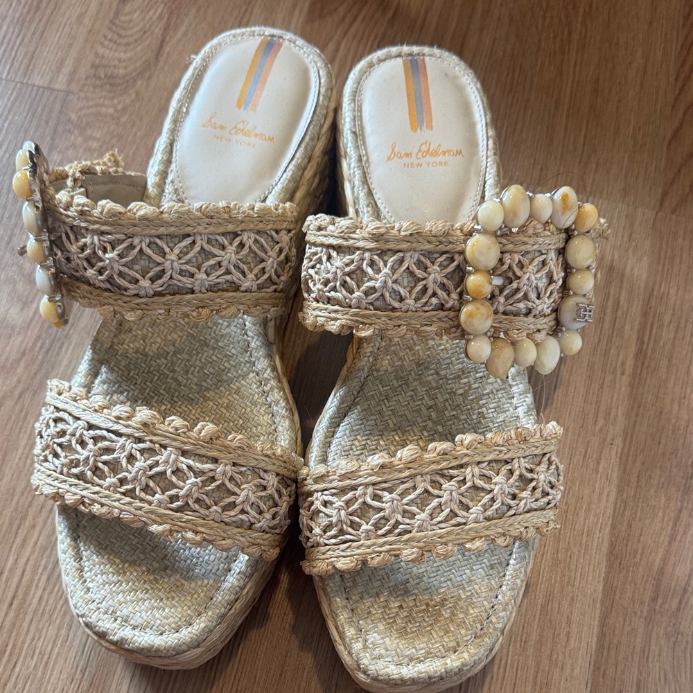 Sam Edelman Natural Woven Sandals with Beaded Buckle